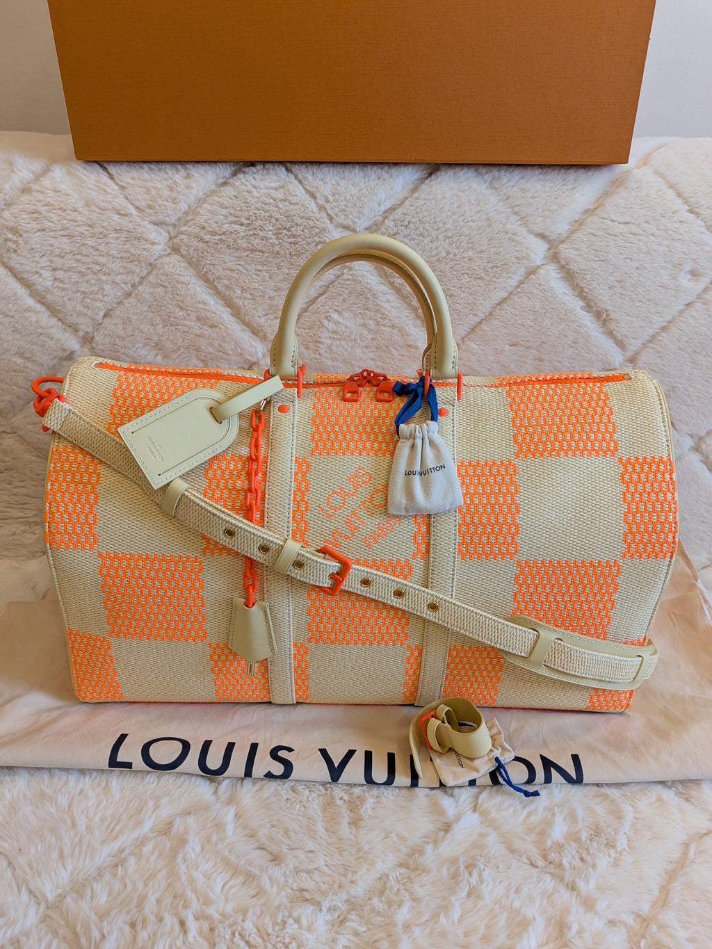 Louis Vuitton Keepall Bandouliere 50 Wooven Raphia Giant Damier/Orange Beige By: Virgil Abloh's iconic Spring/Summer 2021 Collection