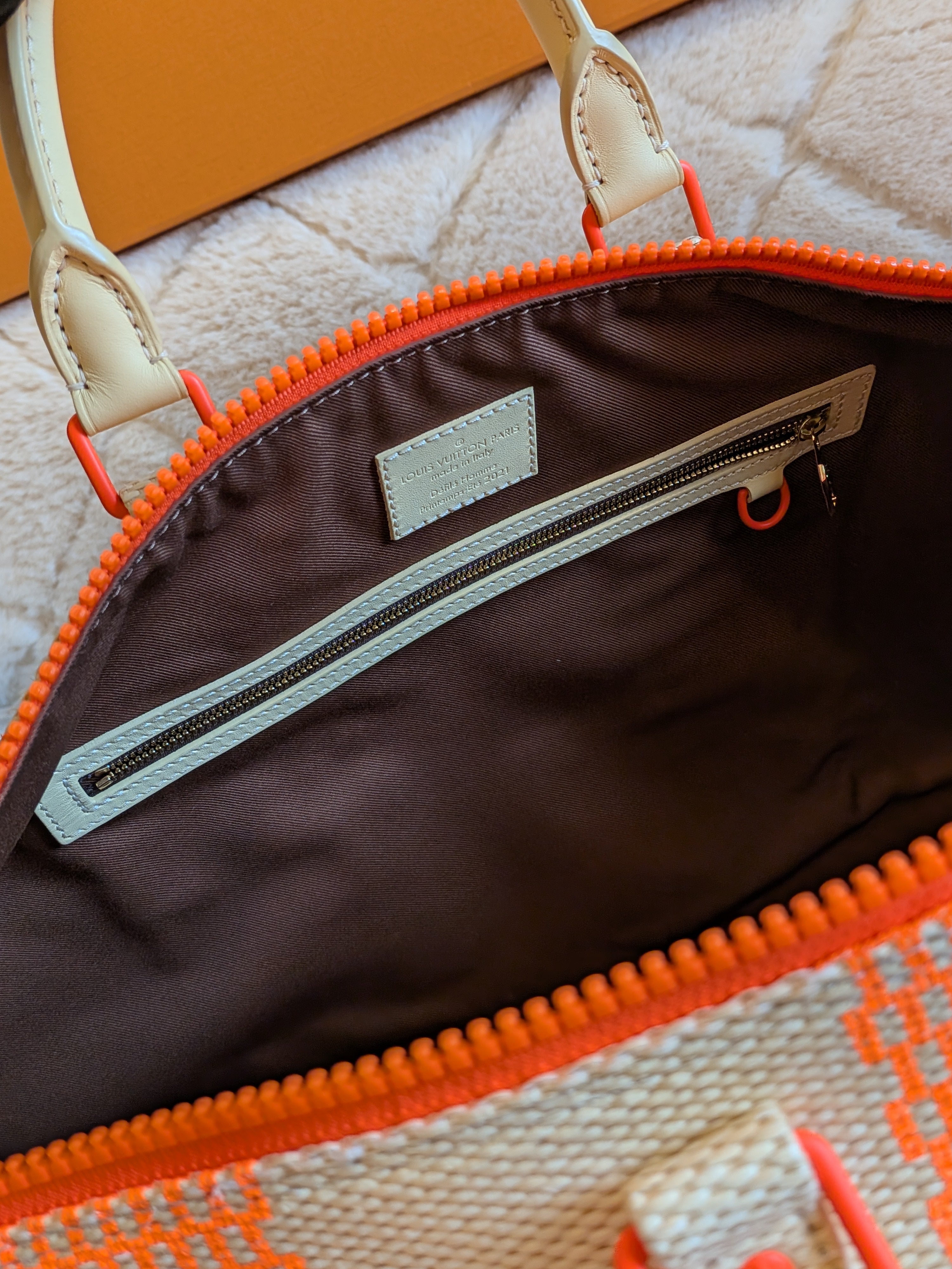 Louis Vuitton Keepall Bandouliere 50 Wooven Raphia Giant Damier/Orange Beige By: Virgil Abloh's iconic Spring/Summer 2021 Collection
