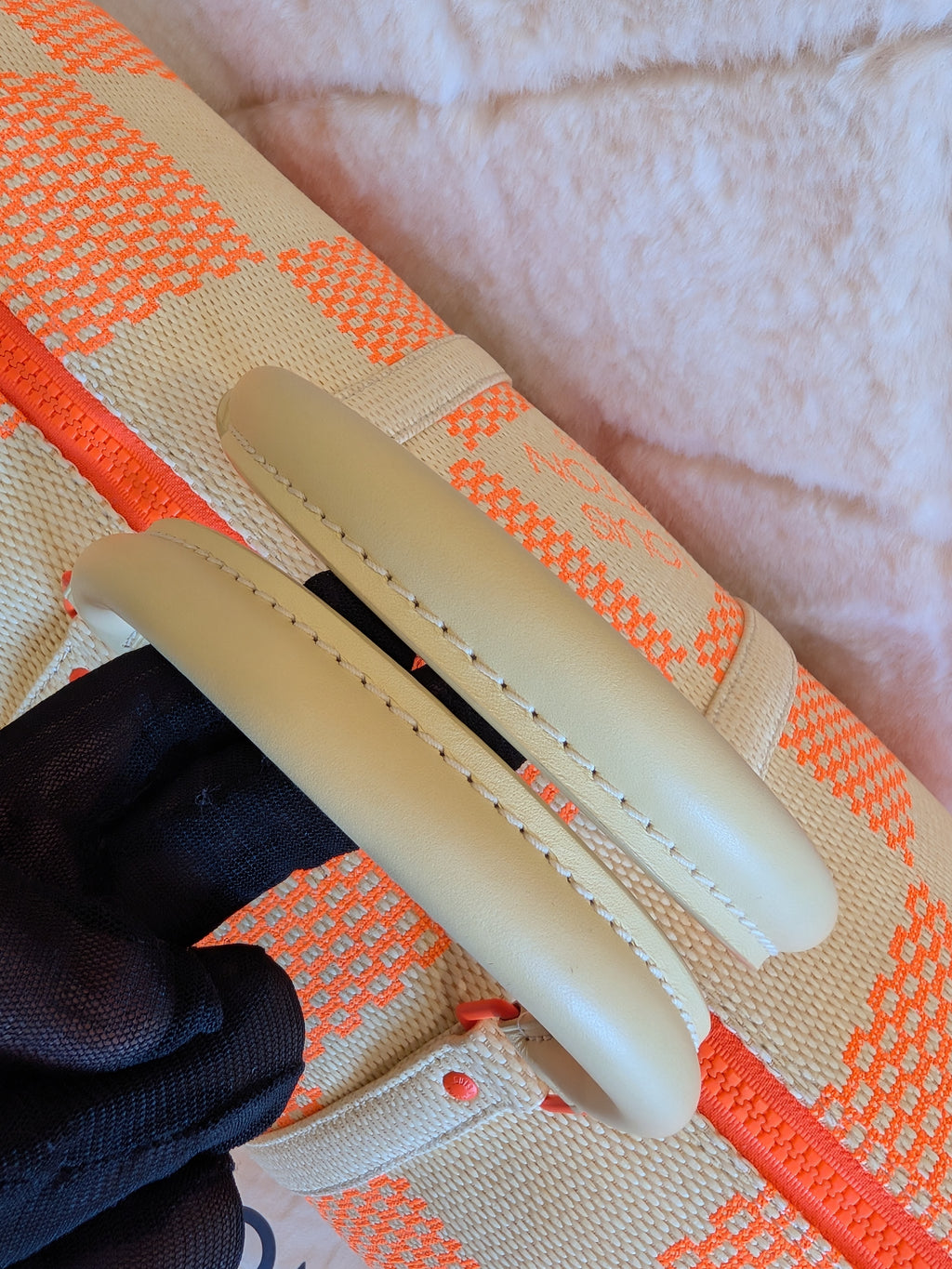 Louis Vuitton Keepall Bandouliere 50 Wooven Raphia Giant Damier/Orange Beige By: Virgil Abloh's iconic Spring/Summer 2021 Collection