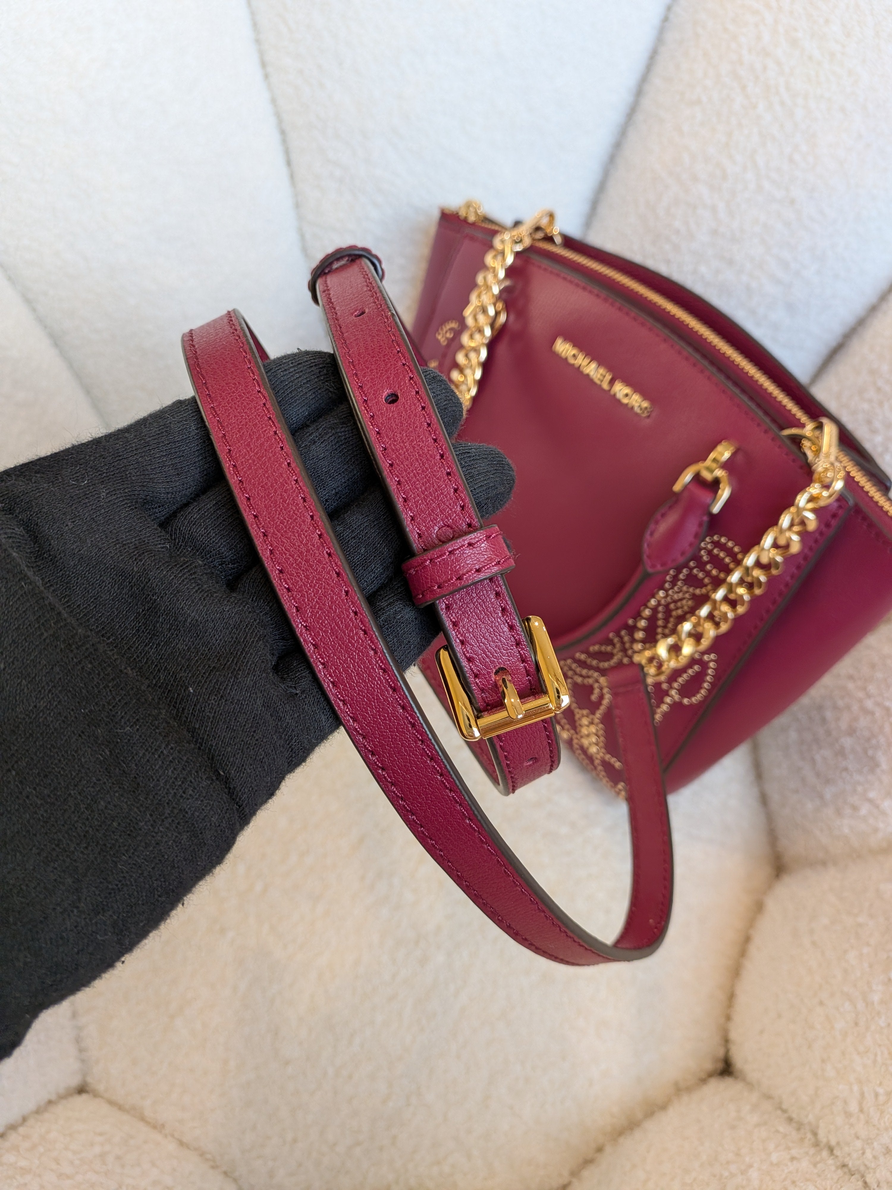 Michael Kors Studded Ellis Satchel Wine Red 2 Way Bag