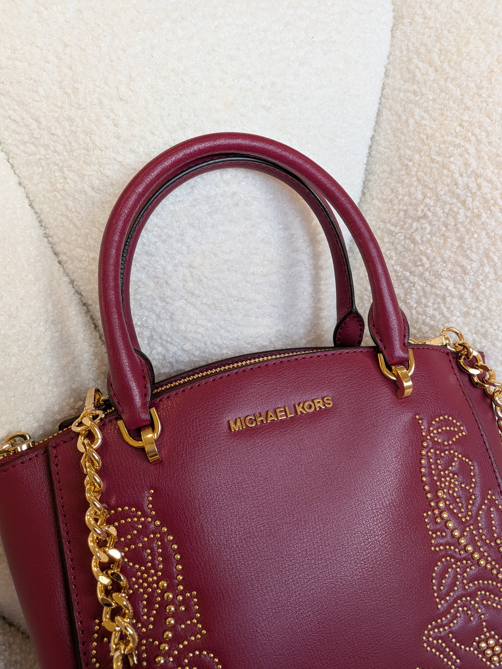 Michael Kors Studded Ellis Satchel Wine Red 2 Way Bag
