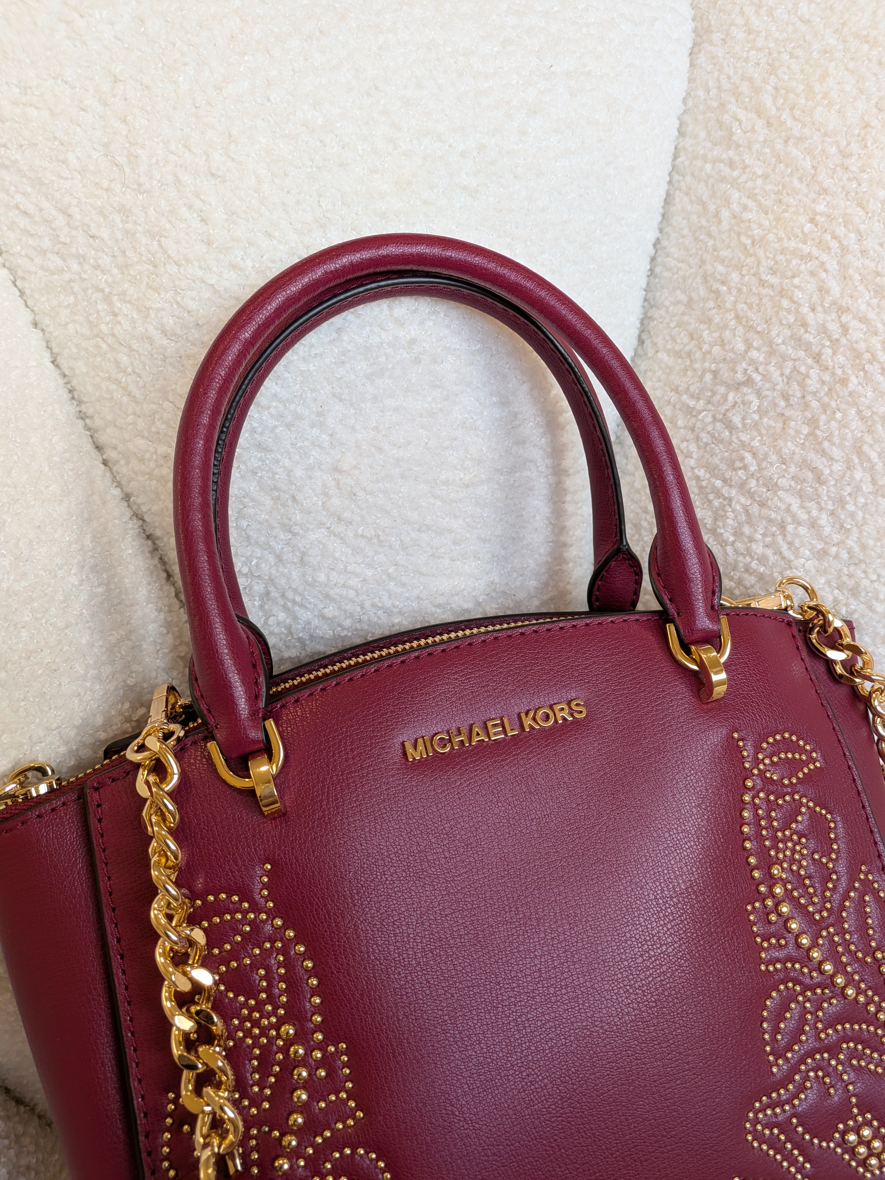 Michael Kors Studded Ellis Satchel Wine Red 2 Way Bag