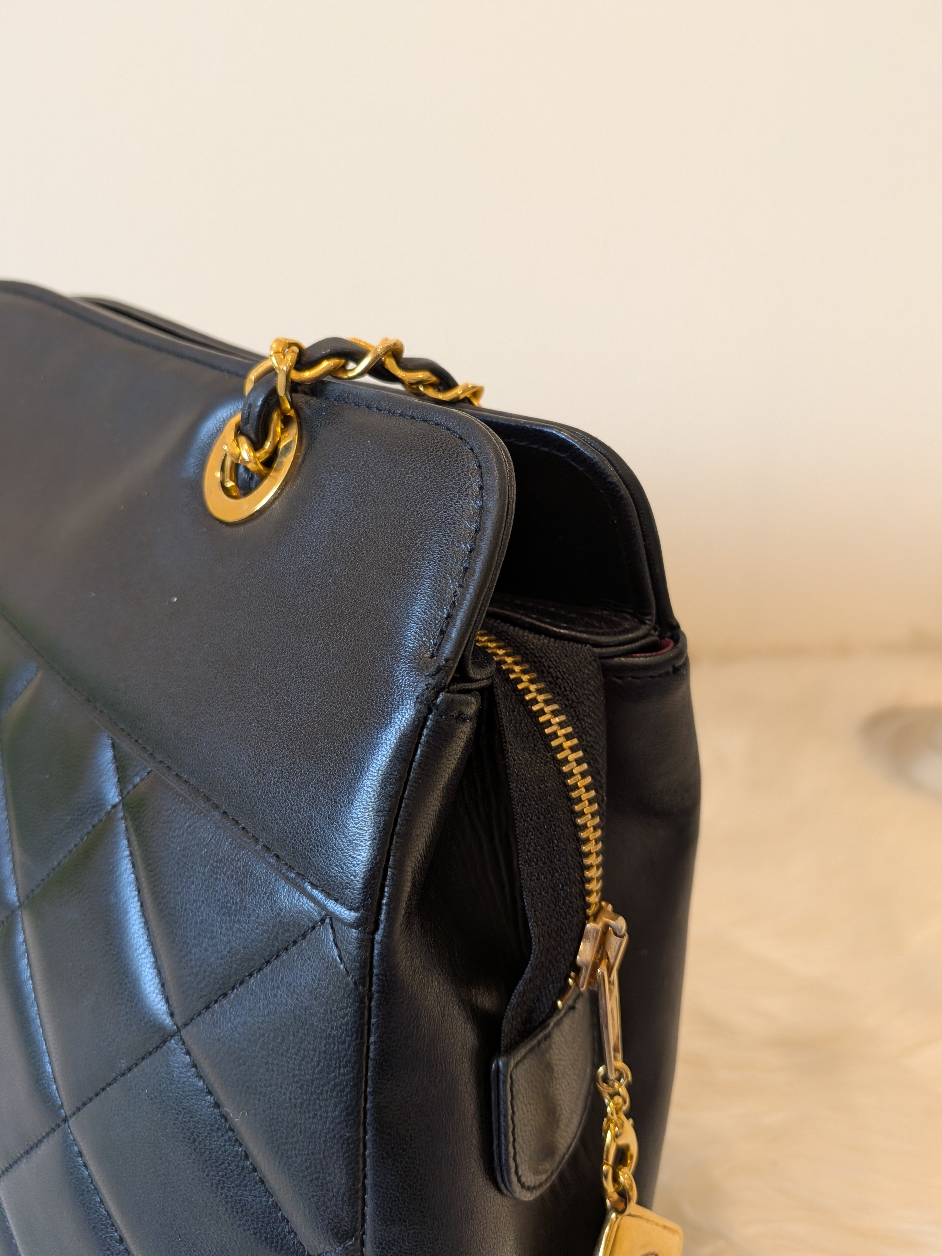 Chanel Diamond Quilted Lambskin Black Large in 24k Plated Gold  Hardware (vintage)