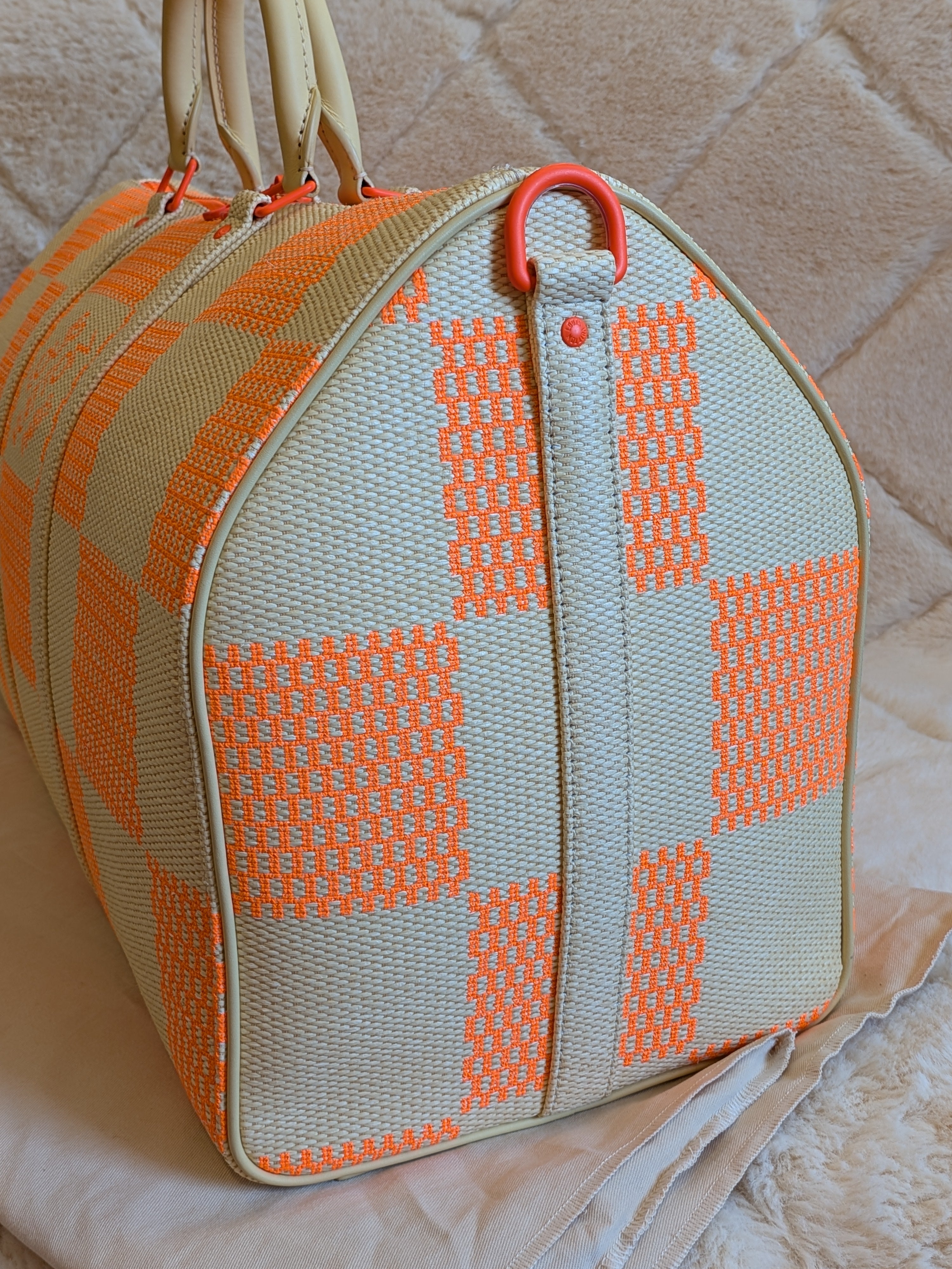 Louis Vuitton Keepall Bandouliere 50 Wooven Raphia Giant Damier/Orange Beige By: Virgil Abloh's iconic Spring/Summer 2021 Collection