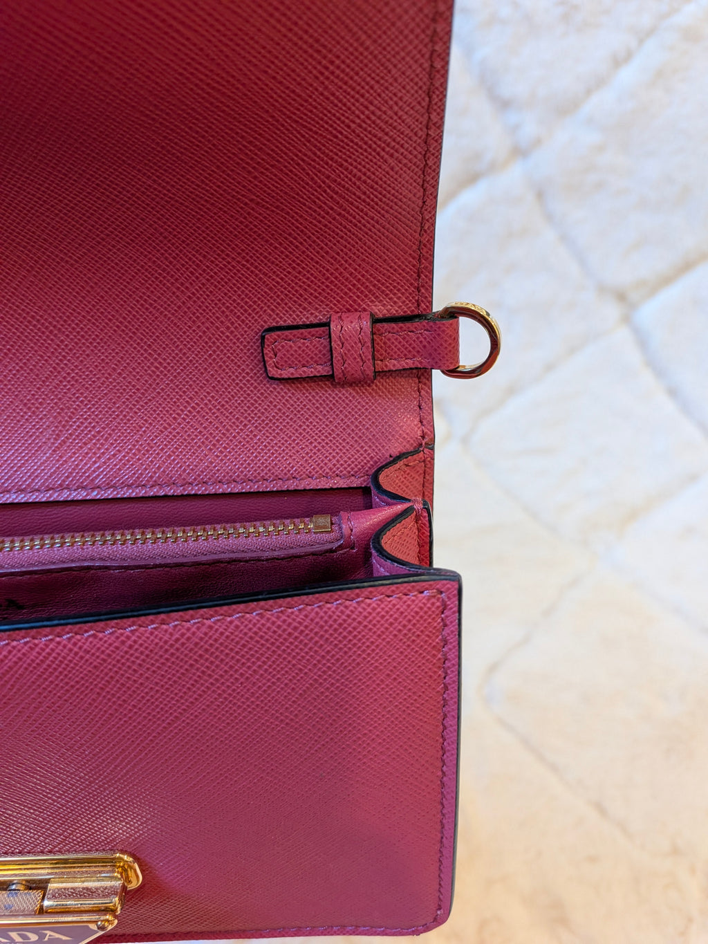 Prada WOC Saffiano Lux Flip Lock Peonia Pink