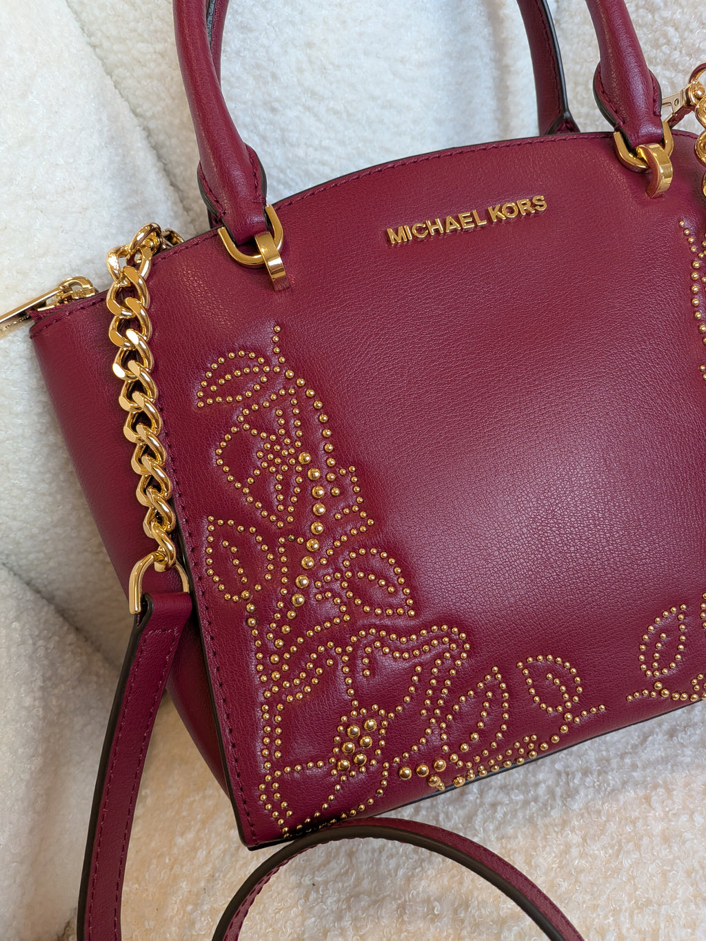 Michael Kors Studded Ellis Satchel Wine Red 2 Way Bag