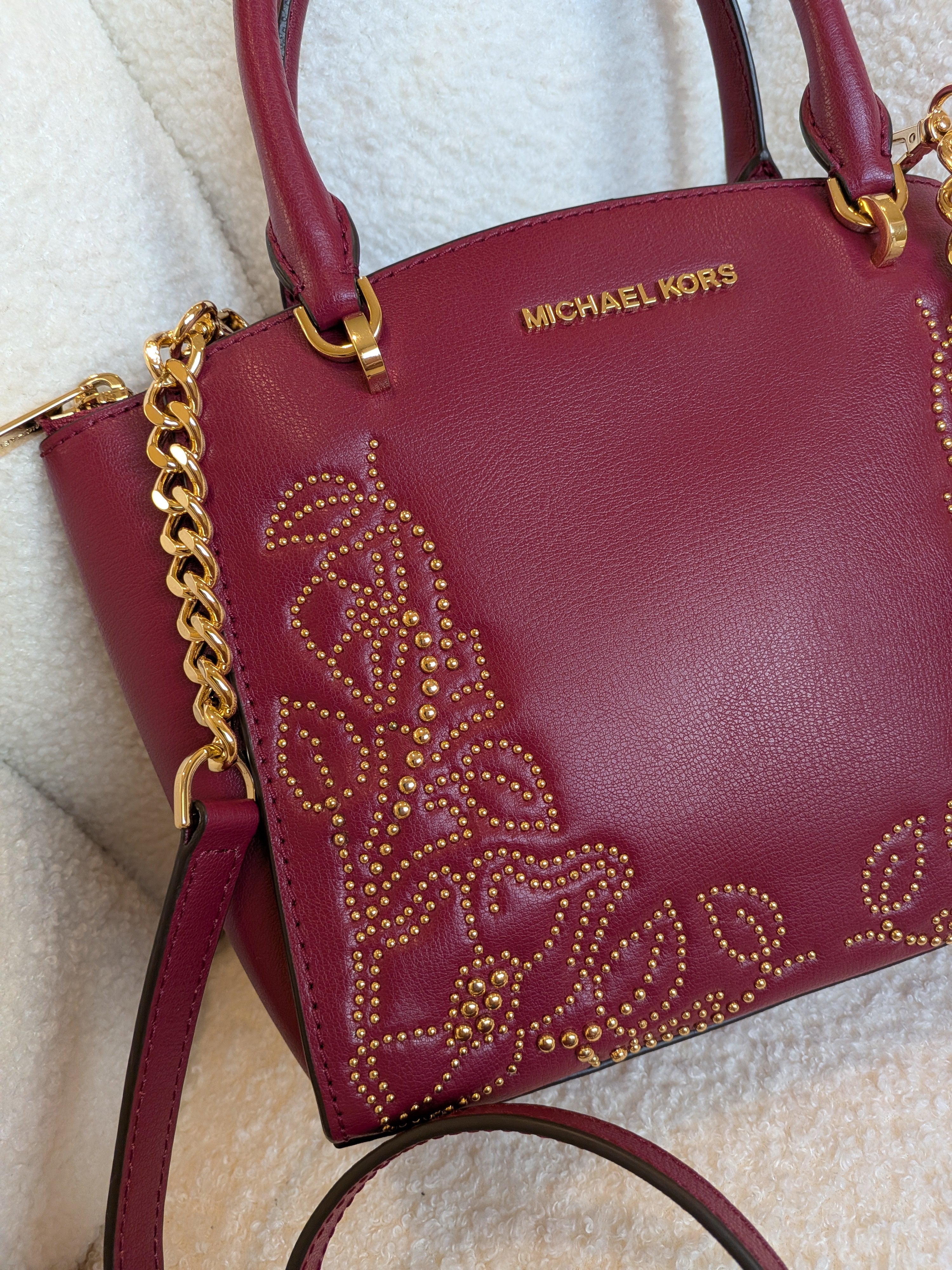 Michael Kors Studded Ellis Satchel Wine Red 2 Way Bag