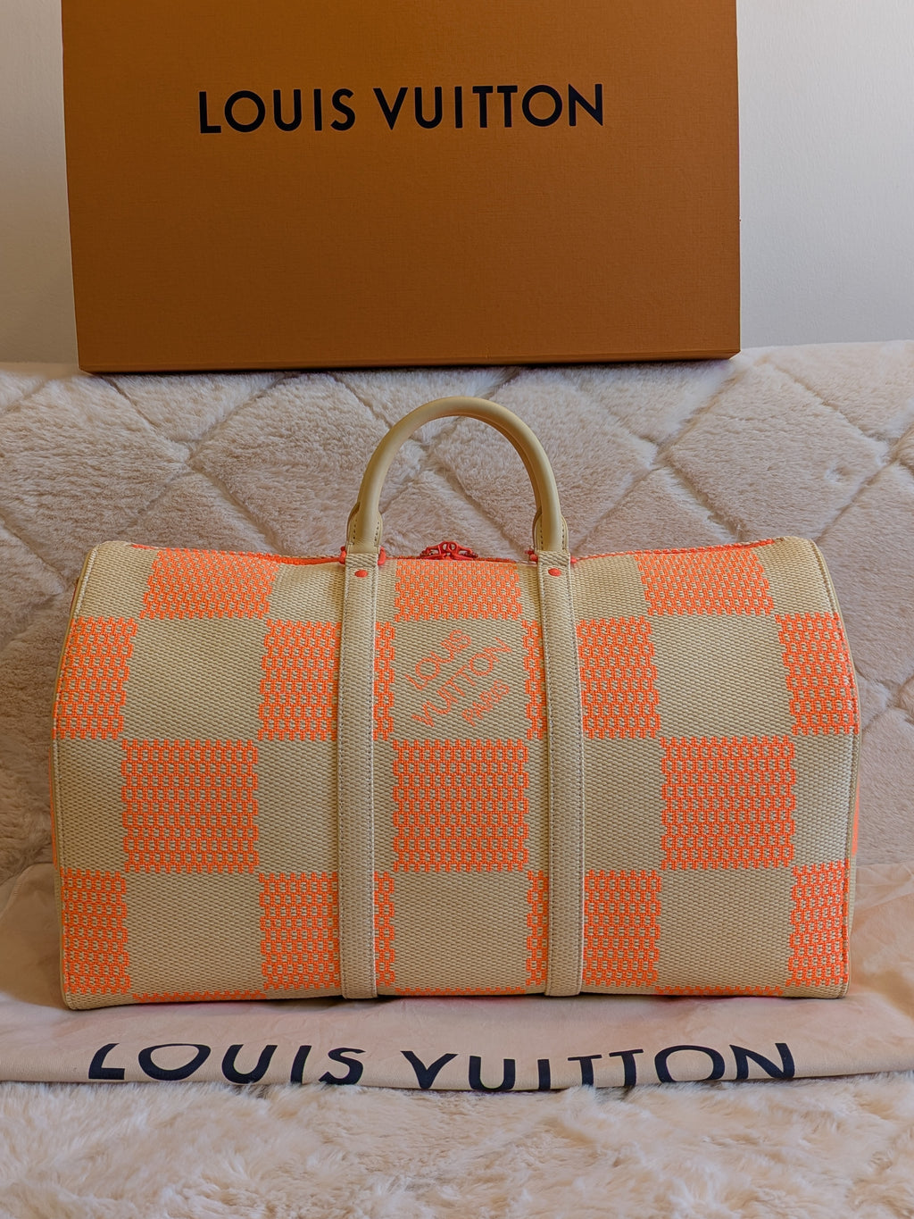 Louis Vuitton Keepall Bandouliere 50 Wooven Raphia Giant Damier/Orange Beige By: Virgil Abloh's iconic Spring/Summer 2021 Collection