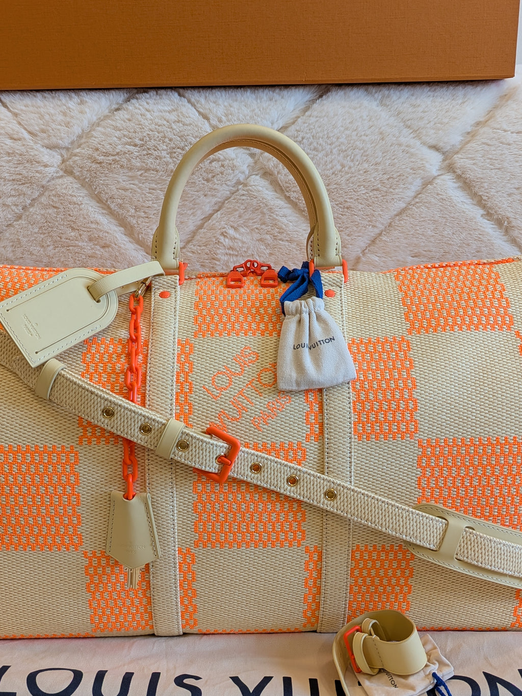 Louis Vuitton Keepall Bandouliere 50 Wooven Raphia Giant Damier/Orange Beige By: Virgil Abloh's iconic Spring/Summer 2021 Collection