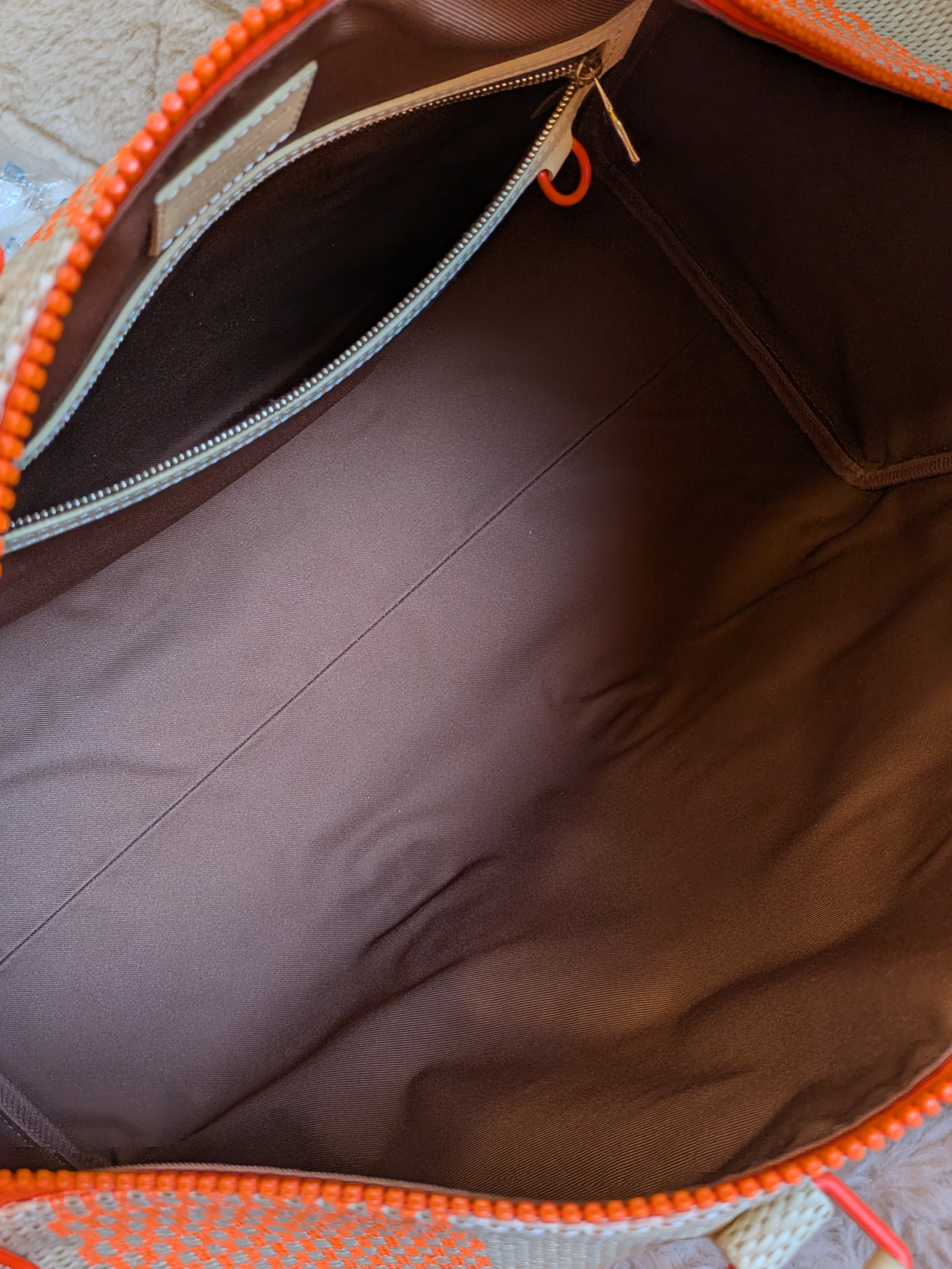 Louis Vuitton Keepall Bandouliere 50 Wooven Raphia Giant Damier/Orange Beige By: Virgil Abloh's iconic Spring/Summer 2021 Collection