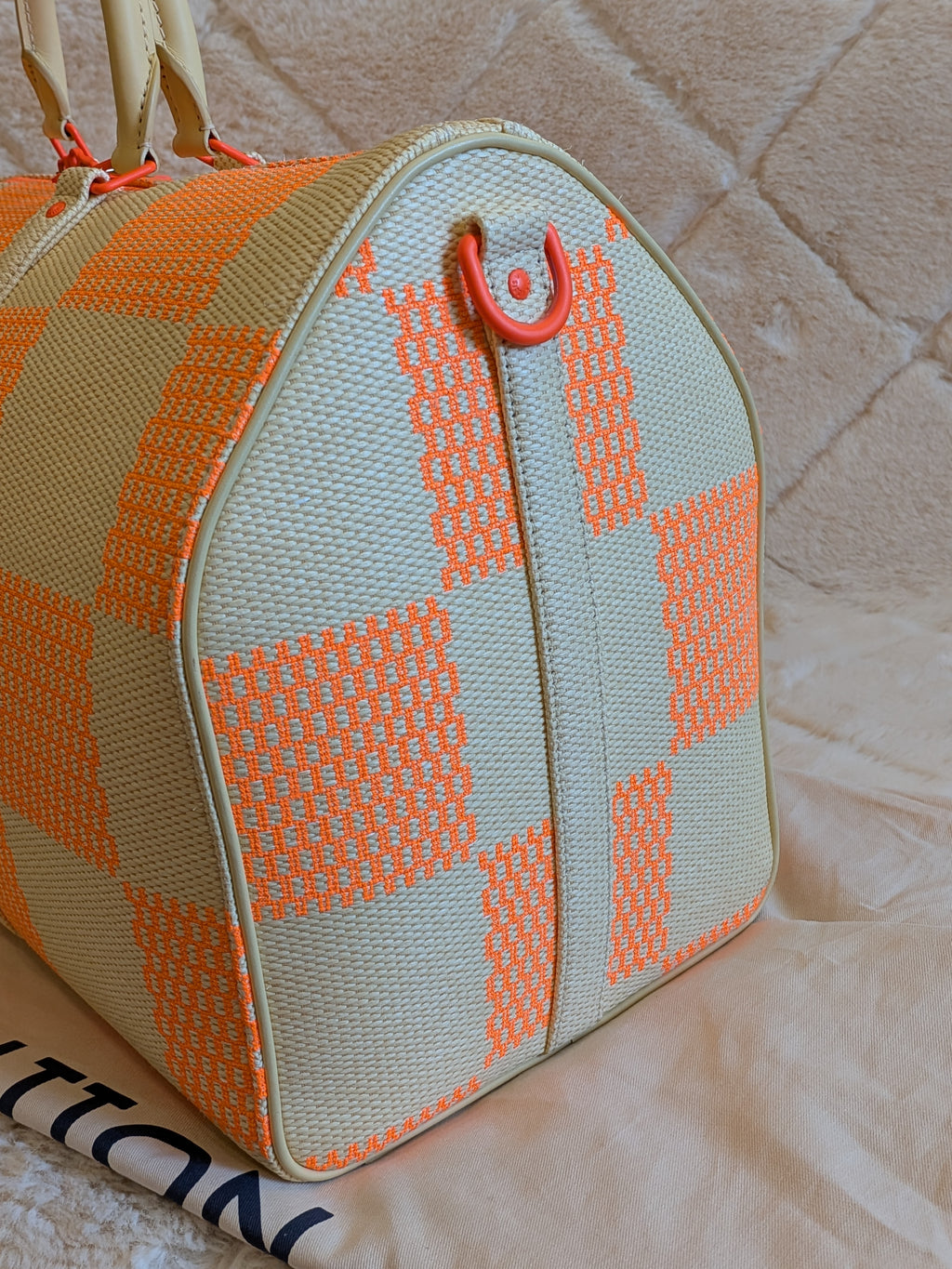 Louis Vuitton Keepall Bandouliere 50 Wooven Raphia Giant Damier/Orange Beige By: Virgil Abloh's iconic Spring/Summer 2021 Collection