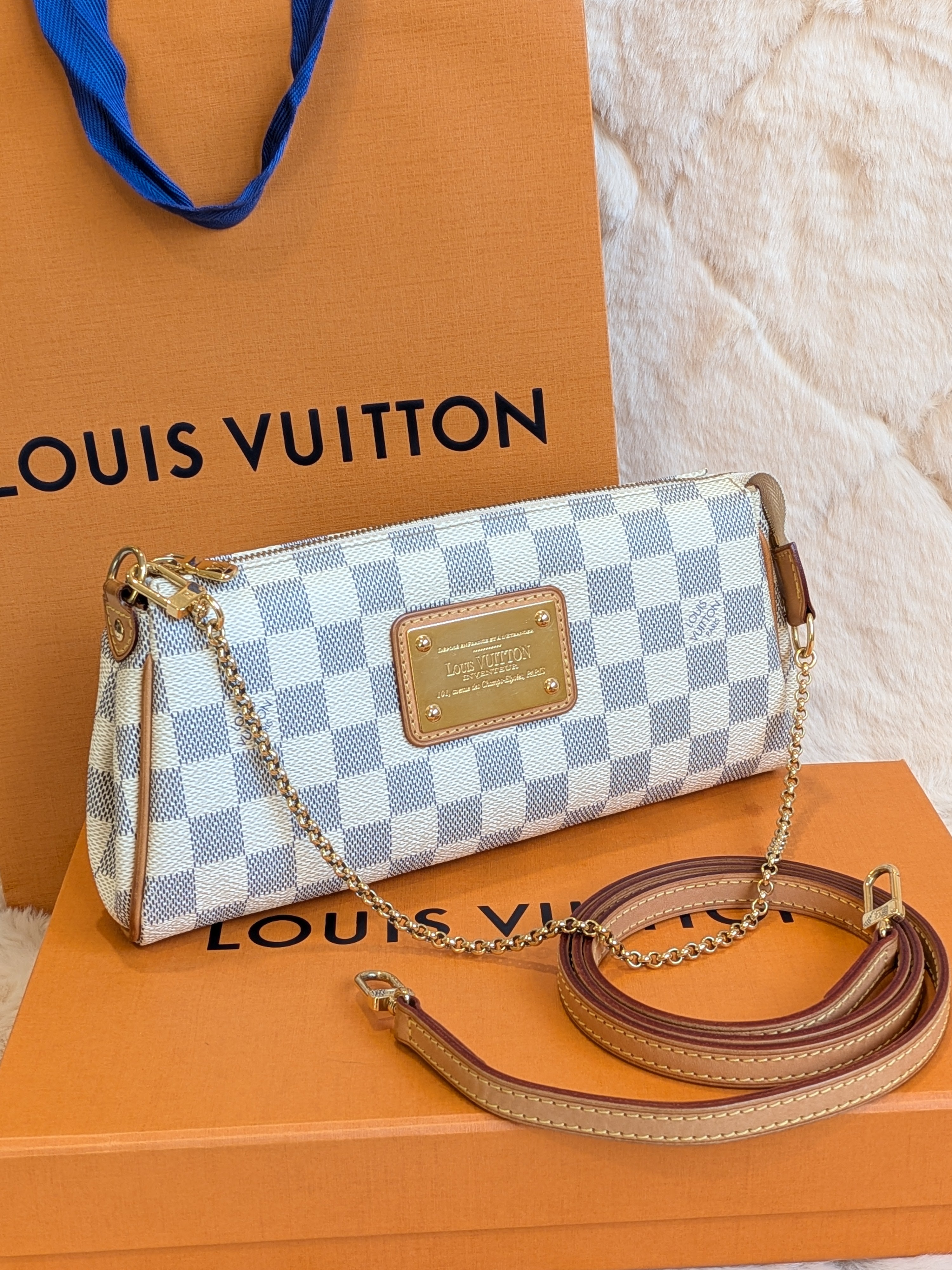 Louis Vuitton Eva Clutch Sling Bag Damier Azur