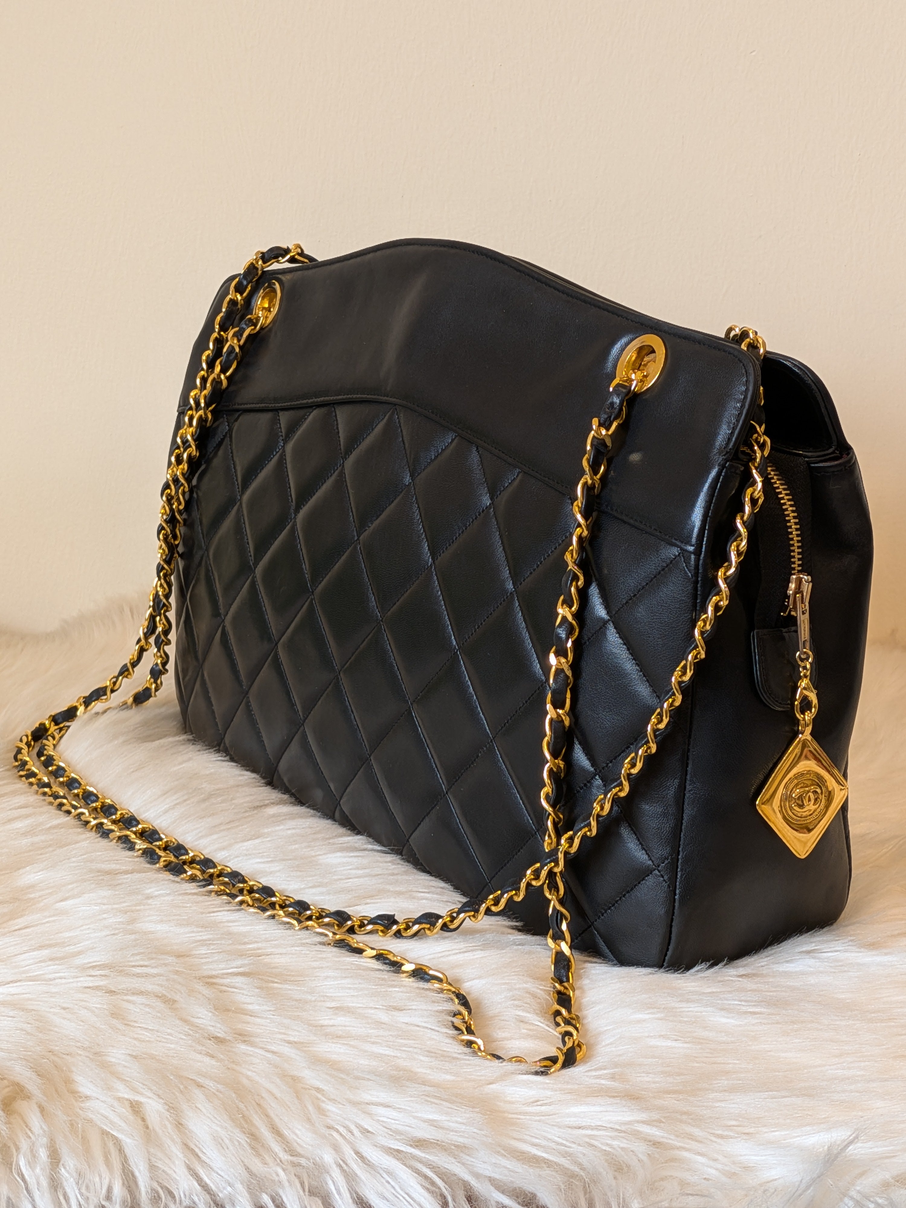 Chanel Diamond Quilted Lambskin Black Large in 24k Plated Gold  Hardware (vintage)