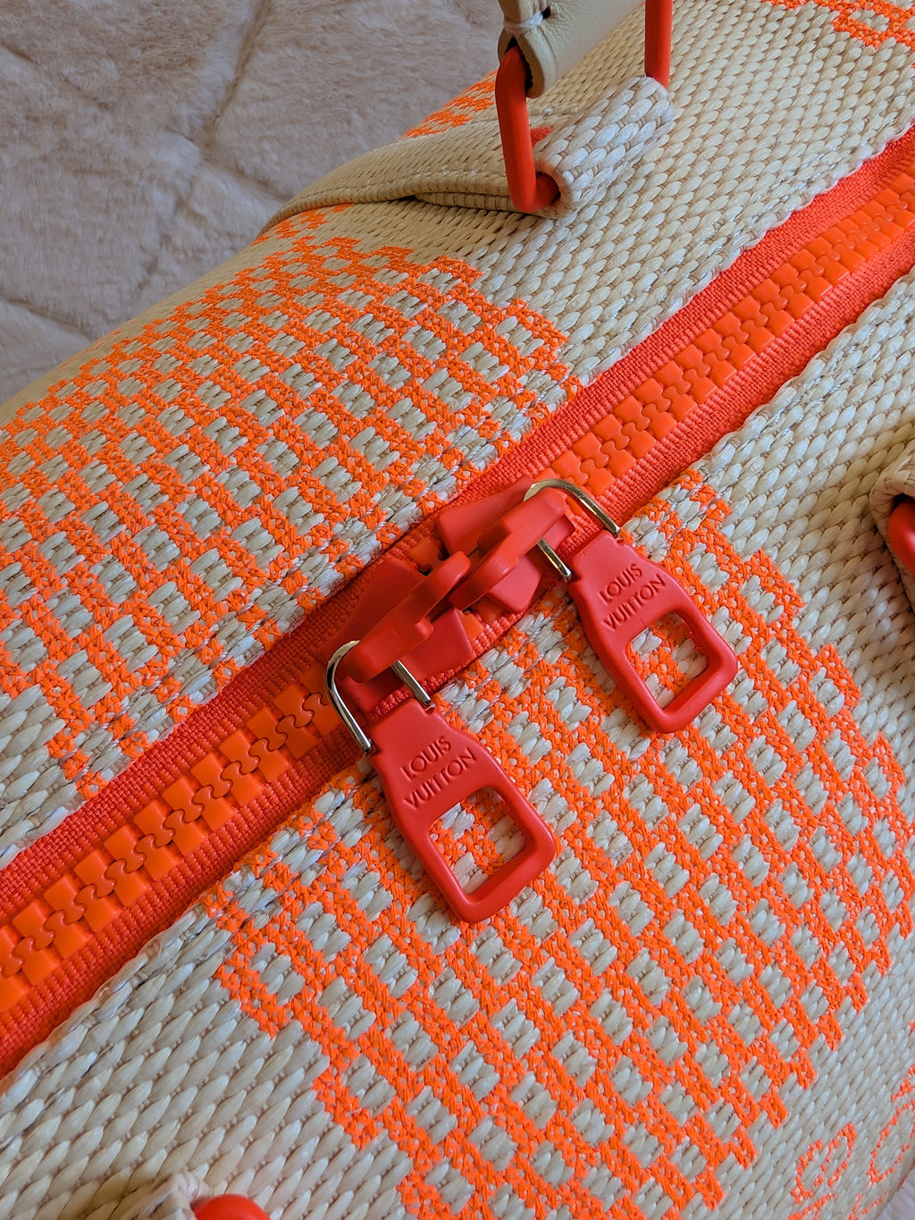 Louis Vuitton Keepall Bandouliere 50 Wooven Raphia Giant Damier/Orange Beige By: Virgil Abloh's iconic Spring/Summer 2021 Collection